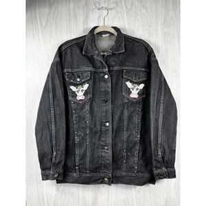 Vintage Sears Denim Jacket Black Wash Cow Patch Rhinestone Upcycle Eclectic